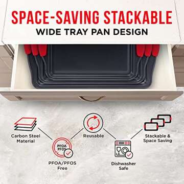 BAKKEN 3-Piece Nonstick Cookie Sheet Set - Stackable Carbon Steel Baking Pans with Silicone Handles