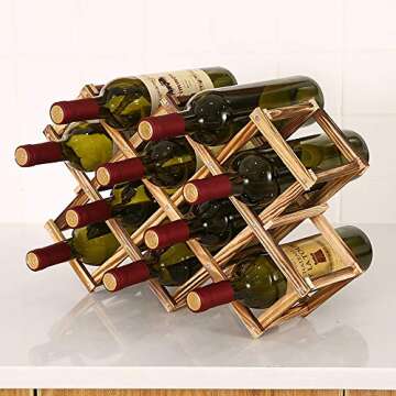 Ferfil Wine Rack, Wood Wine Storage Racks Countertop, 10 Bottle Wooden Stackable Wine Cellar Racks, Foldable Tabletop Free Standing Wine Bottle Stand Holder Display Shelf for Home Kitchen Bar Cabinets