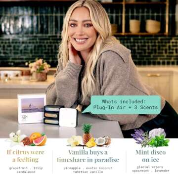 Hilary Duff Below 60 Plug In Scent Diffuser for Small Spaces, Sleek, Low-Profile Design | Home Fragrance System Starter Kit, Essential Oil Plug-Ins for Aromatherapy with 3 Nature-Inspired Scents