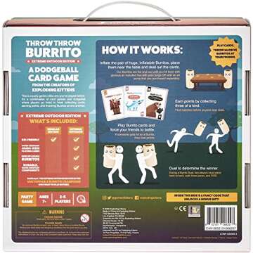 Exploding Kittens Presents Throw Throw Burrito Extreme Outdoor Edition - An Outdoor Dodgeball Card Game - Family Party Card Games for Adults, Teens & Kids 7+ - 120 Cards & 2 Huge Inflatable Burritos