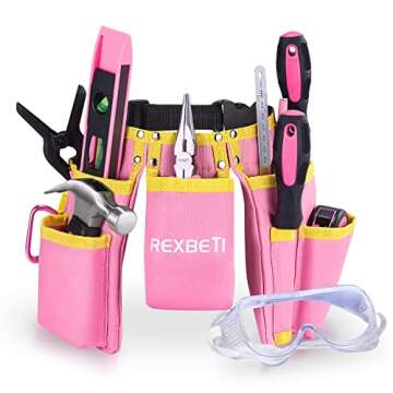 REXBETI 18pcs Pink Young Builder's Tool Set with Real Hand Tools, Reinforced Kids Tool Belt, Waist 20"-32", Kids Learning Tool Kit for Home DIY and Woodworking