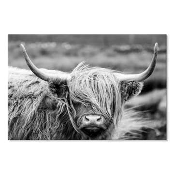 SEVEN WALL ARTS Scottish Highland Cow Canvas Wall Art Black and White Wall Decor Cattle Picture Print Photography Wildlife Animal Portrait Framed Farmhouse Artwork for Living Room Bedroom Office Decor