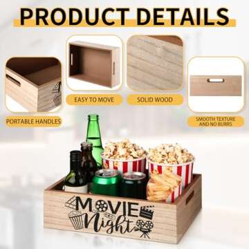 GlikCeil Movie Night Snack Organizer with Handles Wooden Popcorn Bag Snack Holder