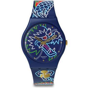 Swatch Unisex Casual Bio-Sourced Blue Quartz Watch – Dragon in Waves