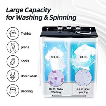 HABUTWAY Portable Washing Machine 26Lbs Capacity Washer&Dryer Combo Twin Tub Laundry 2 In 1 Washer(18Lbs) & Spinner(8Lbs) with Built-in Gravity Drain Pump,for Apartment,Dorms,RV Camping (black+white)