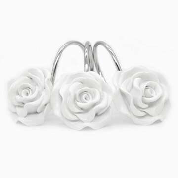 BEAVO Shower Curtain Hooks, Home Decorative Rustproof Shower Curtain Hooks Resin Rose Flower Shower Hooks Rings for Bathroom Shower Rods Curtains,Set of 12 Hooks (White)