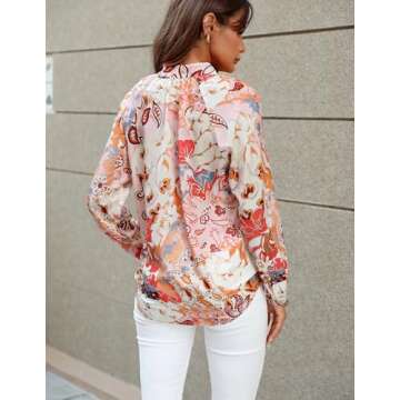 Prettywear Women's Dressy Blouse Lantern Sleeve Floral Print Button Down Shirts Casual Work Tops Spring Summer Fashion