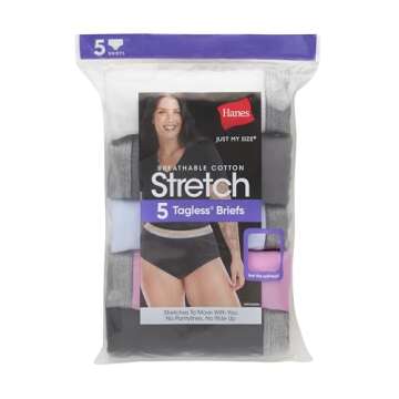 Hanes Women's Just Underwear, Cotton Stretch Brief Panties, Plus Sizes, 5-Pack, White/Grey/Blue/Pink/Black, 9