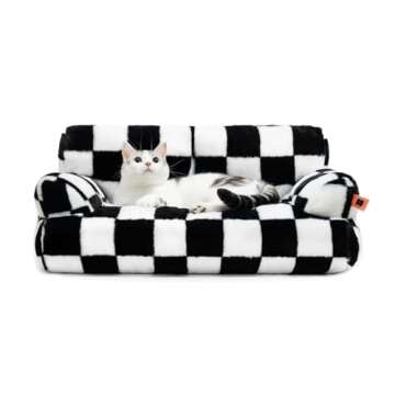 MEWOOFUN Pet Couch Bed, Washable Cat Beds for Medium Small Dogs & Cats up to 25 lbs, Dog Beds with Non-Slip Bottom, Fluffy Cat Couch, 26×19×13 Inch (Black&White)