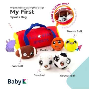 BABY K My First Sports Bag for Baby with 5 Plush Sports Balls - Rattle Balls for Baby with Sound - Sensory Balls Toys for 1 Year Old - Baby Toys for Toddler - Rattles Gift for 1 Year Old Baby