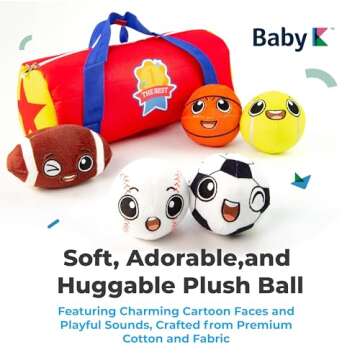 BABY K My First Sports Bag for Baby with 5 Plush Sports Balls - Rattle Balls for Baby with Sound - Sensory Balls Toys for 1 Year Old - Baby Toys for Toddler - Rattles Gift for 1 Year Old Baby