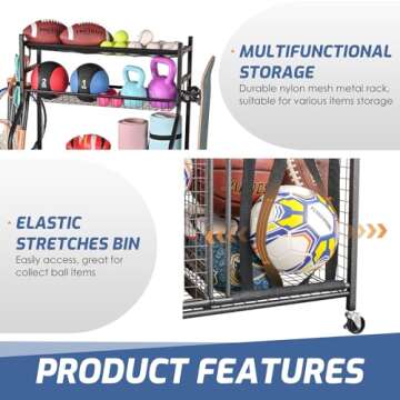 PLKOW Sports Equipment Storage for Garage, Garage Sports Equipment Organizer, Ball Storage Rack, Garage Organizer with Basket and Hooks for Toy Sports Gear Storage