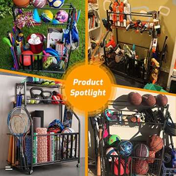 PLKOW Sports Equipment Storage for Garage, Garage Sports Equipment Organizer, Ball Storage Rack, Garage Organizer with Basket and Hooks for Toy Sports Gear Storage