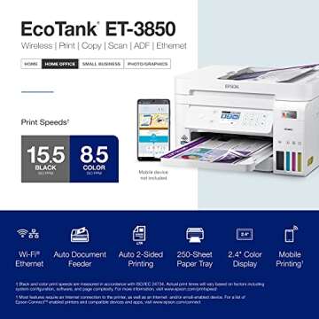 Epson EcoTank ET-3850 Wireless Color All-in-One Cartridge-Free Supertank Printer with Scanner, Copier, ADF and Ethernet – The Perfect Printer Home Office,White