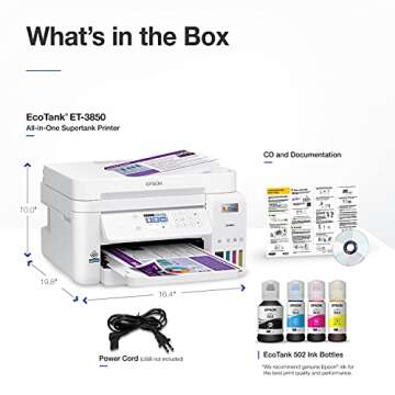 Epson EcoTank ET-3850 Wireless Color All-in-One Cartridge-Free Supertank Printer with Scanner, Copier, ADF and Ethernet – The Perfect Printer Home Office,White