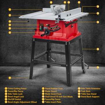 Table Saw, 10inch 15A 5000RPM Portable Table Saw with Stand & Safety Switch, Push Stick, 90°Cross Cut & 0-45°Cutting, PIONEERWORKS Multifunctional Table Saw for Woodworking, DIY Working