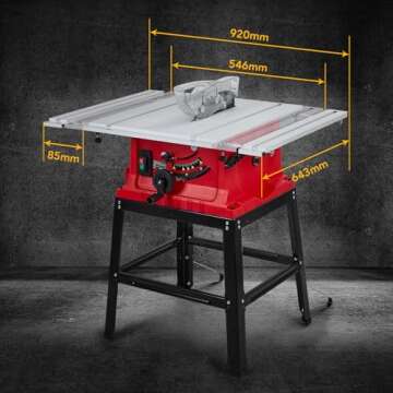 Table Saw, 10inch 15A 5000RPM Portable Table Saw with Stand & Safety Switch, Push Stick, 90°Cross Cut & 0-45°Cutting, PIONEERWORKS Multifunctional Table Saw for Woodworking, DIY Working