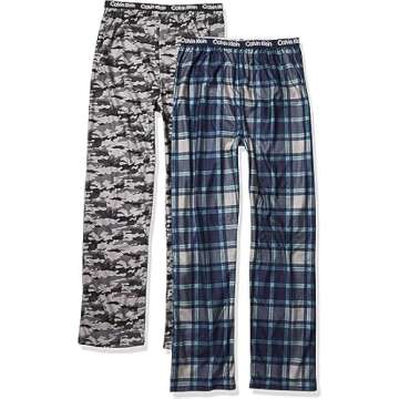 Calvin Klein Boys' Super Soft Pajama Pants, 2-Pack, Cozy Sleepwear for Kids, Grey Camo/Blue Plaid, Small