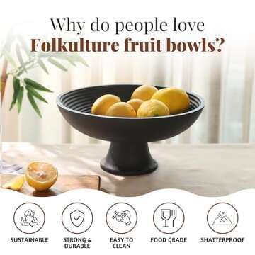 Folkulture Wooden Fruit Bowl or Decorative Bowl for Table Décor, Wooden Fruit Bowl for Kitchen Counter,12-inch Large Bowls Centerpiece Table Decorations, Black Fruit Bowl, Pedestal Bowl