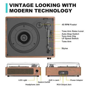 WOCKODER Vintage Record Player for Vinyl with Speakers Retro Turntable for Vinyl Records, Belt-Driven Turntable Support 3-Speed Wireless Playback Headphone AUX-in RCA Line LP Vinyl Players Wood Grain