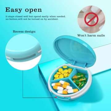 Serfeymi Small Pill Box - 3 Compartments Portable Pill Box for Purse Pocket, Compact Mini Travel Pill Case - Suitable for Medicine, Vitamin, Fish Oil, Supplements - Light Blue(Logo)