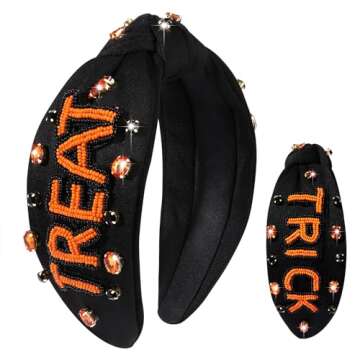 CEALXHENY Halloween Headbands for Women, Beaded Boo Trick or Treat Knotted Headband, Embellished Rhinestone Top Knot Headbands, Halloween Accessory, Costume Party Hair Accessory