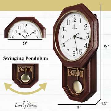 Pendulum Wall Clock - Regulator Clock - Real Wood Schoolhouse Wall Clock with Pendulum - Wooden Pendulum Clock Battery Operated - Decorative Wall Clocks for Living Room Decor, Home, Office 18x11