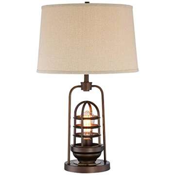 Franklin Iron Works Hobie Industrial Table Lamp with Nightlight Antique LED Edison Bulb 27.5" Tall Rust Bronze Brown Cage Drum Shade Decor for Living Room Bedroom House Bedside Nightstand Home