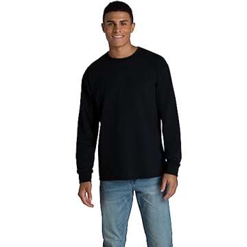 Men's Eversoft Cotton Long Sleeve T-Shirts by Fruit of the Loom in Black Ink - Breathable & Odor Control, Sizes S-4X