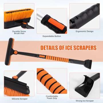 OPKING 31" Ice Scrapers for Car Windshield, 3-in-1 Extendable from 31" to 40" Snow Brush with Squeegee, Snow Scraper with 180° Pivoting Brush Head and Foam Grip for Car Windshield, Truck, SUV