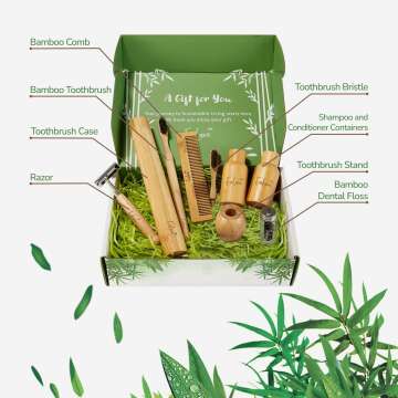 Sustainable Gift Box Personal Care Travel Sized Toiletries Bundle, Bamboo Toothbrush, Dental Floss, Comb,Liquid Containers, Razor, Bamboo Travel Case and Stand, 9 Items