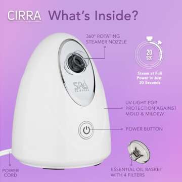 Spa Sciences - CIRRA - Nano Ionic Facial Steamer with UVC Sanitizing Protection, Aromatherapy Function, Detox Pores, and Boost Circulation - Includes an Essential Oil Basket