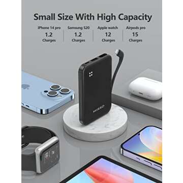 miisso 4500mAh Built in Cable Cell Phone External Battery Pack, Portable Phone Charger Power Bank 5V 2.1A Charging Mobile Phone Charger USB-C in/Out Compatible with iPhone 6/7/8/X/11/12/13/14, Black