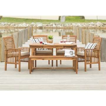 Walker Edison Maui Modern 6 Piece Solid Acacia Wood Slatted Outdoor Dining Set, Set of 6, Brown