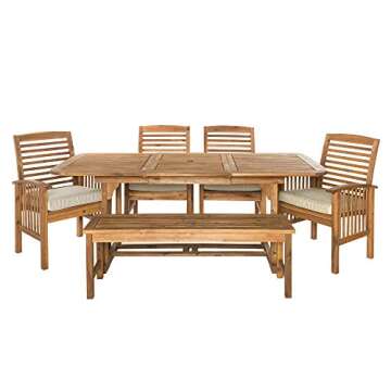 Walker Edison Maui Modern 6 Piece Solid Acacia Wood Slatted Outdoor Dining Set, Set of 6, Brown