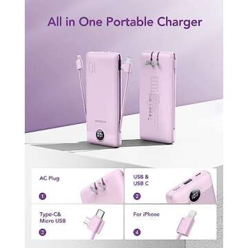 VEGER Portable Charger for iPhone Built in Cables and Wall Plug, 10000mah Slim Fast Charging USB C Power Bank, Travel Essential Battery Pack Compatible with iPhones, iPad, Samsung More Devices(Purple)