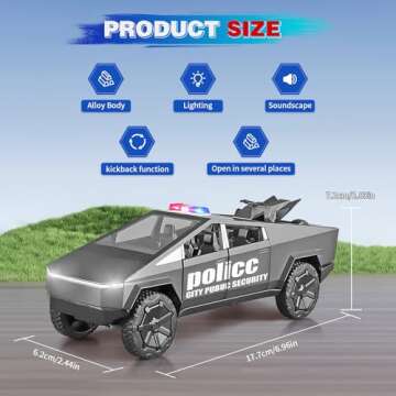 SUVABE Cybertruck Toy Trucks Police Cars Cybertquad Alloy Die-cast Truck 1/32 Toy Cars Race with Sound and Light (Grey)