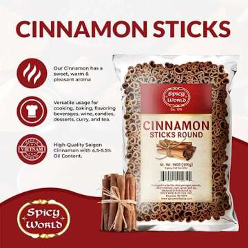 Spicy World Cinnamon Sticks 14 Oz Bag ~100 Sticks - Strong Aroma, Perfect for Baking, Cooking & Beverages - 3+ Inches Length - Cassia Saigon Cinnamon from Vietnam