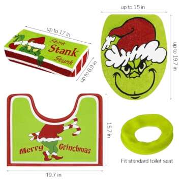 Mythcloud Christmas Decorations - Xmas Bathroom Sets - Christmas Decor Toilet Seat Cover and Rug for Indoor Home Bathroom Set of 4 (Red - Green)