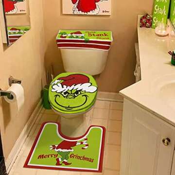 Mythcloud Christmas Decorations - Xmas Bathroom Sets - Christmas Decor Toilet Seat Cover and Rug for Indoor Home Bathroom Set of 4 (Red - Green)