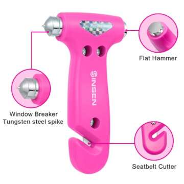 SINSEN Car Safety Hammer, Automotive Window Breaker and Seatbelt Cutter for Women, Roadside Emergency Kit, 3 in 1 Escape Tools, Road Trip Essential and Must Haves (1, Pink)