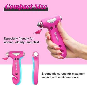 SINSEN Car Safety Hammer, Automotive Window Breaker and Seatbelt Cutter for Women, Roadside Emergency Kit, 3 in 1 Escape Tools, Road Trip Essential and Must Haves (1, Pink)