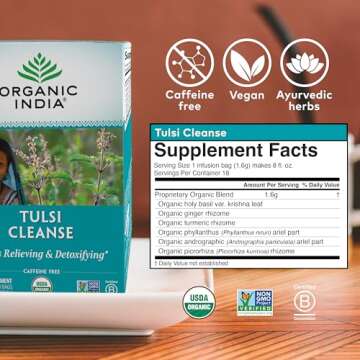 Organic India Tulsi Cleanse Detox Tea - Holy Basil, Ginger, Turmeric, Herbal Tea, Stress Relieving & Cleansing, Immune Support, Adaptogen, Organic, Non-GMO, Caffeine-Free - 18 Infusion Bags, 6 Pack