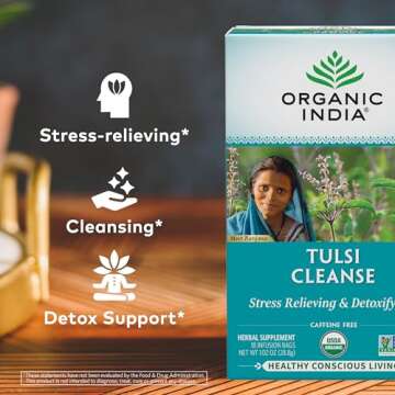 Organic India Tulsi Cleanse Detox Tea - Holy Basil, Ginger, Turmeric, Herbal Tea, Stress Relieving & Cleansing, Immune Support, Adaptogen, Organic, Non-GMO, Caffeine-Free - 18 Infusion Bags, 6 Pack