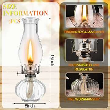 4 Pcs Chamber Oil Lamp Classic Kerosene Lamp Lantern Vintage Oil Lantern Decorative Antique Clear Hurricane Lamp with Adjustable Fire Wick for Home Indoor Use, 13 Inches Height, Clear