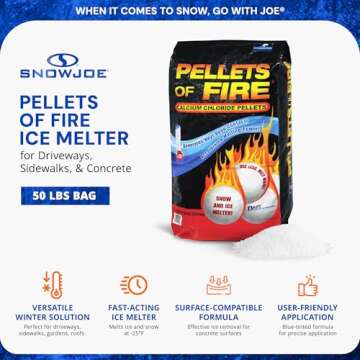 Snow Joe Pellets of Fire 99% Pure Calcium Chloride Pellets, Ice Melter for Driveways, Sidewalks, & Concrete, 50 Pounds