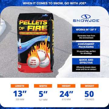 Snow Joe Pellets of Fire 99% Pure Calcium Chloride Pellets, Ice Melter for Driveways, Sidewalks, & Concrete, 50 Pounds