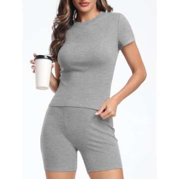 Trendy Queen 2 Piece Workout Sets Women Two Piece Summer Outfits 2024 Loungewear Ribbed Crop Tops Biker Shorts Leggings Y2k Clothes Fashion Matching Clothing, X-Small, Light Grey