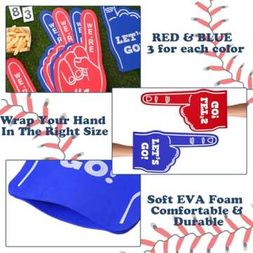 Wettarn 6 Pack 18 Inch Giant Foam Finger We're Number 1 Foam Hand Baseball Foam Fingers Foam Fan Finger Cheerleading for Sports Celebration Pom Poms Noise Maker for Sporting Events (Red Blue)