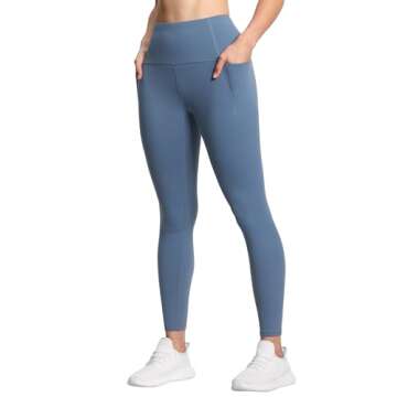 THE GYM PEOPLE Tummy Control Workout Leggings with Pockets High Waist Athletic Yoga Pants for Women Running, Fitness (Grey Blue, Small)